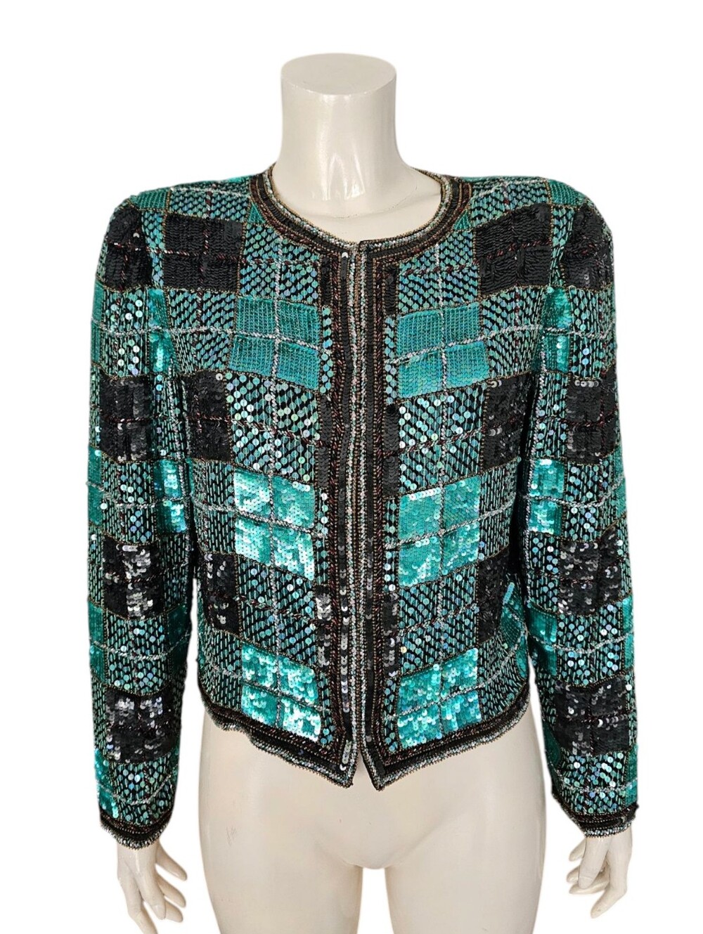 Vtg MARK & JOHN by Gopal Silk Green Black Plaid Sequined Beaded Jacket S/M